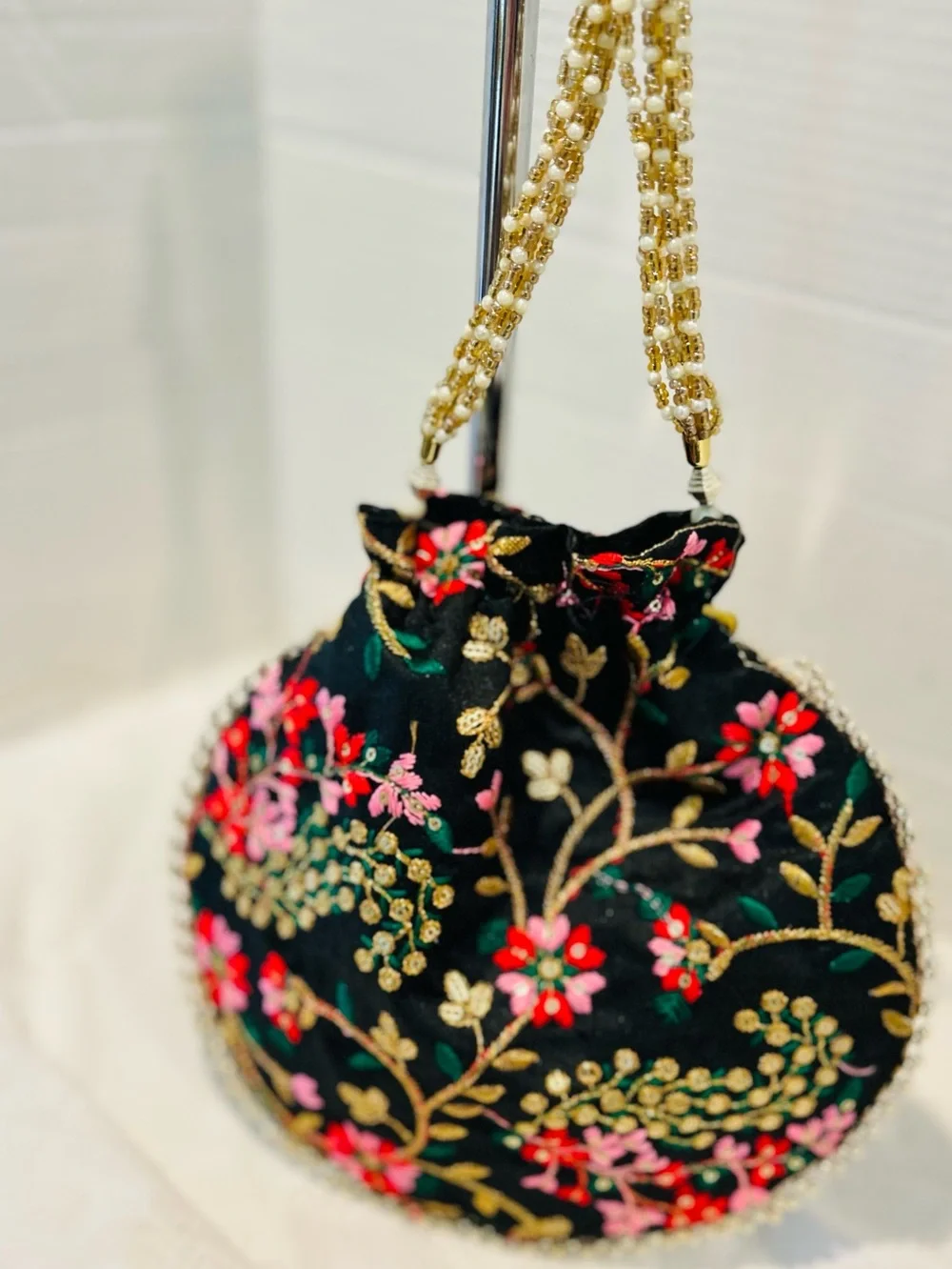 Embroidered Black Floral Design Beaded Potli Bag Prom Wedding Guest Purse